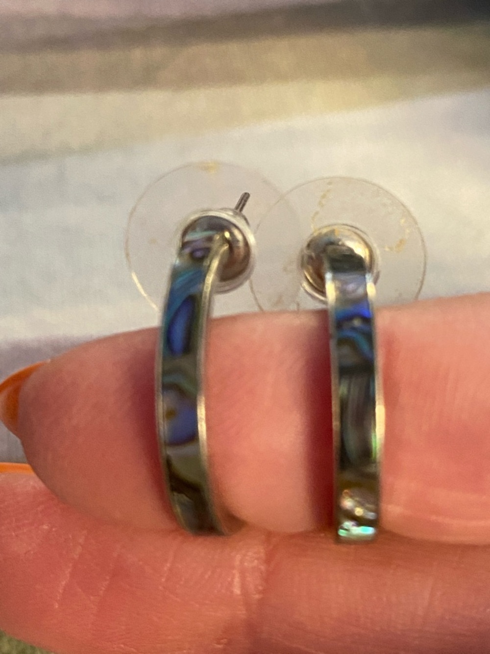 Iridescent Abalone Inlay Hoop Earrings in Blue-Green
